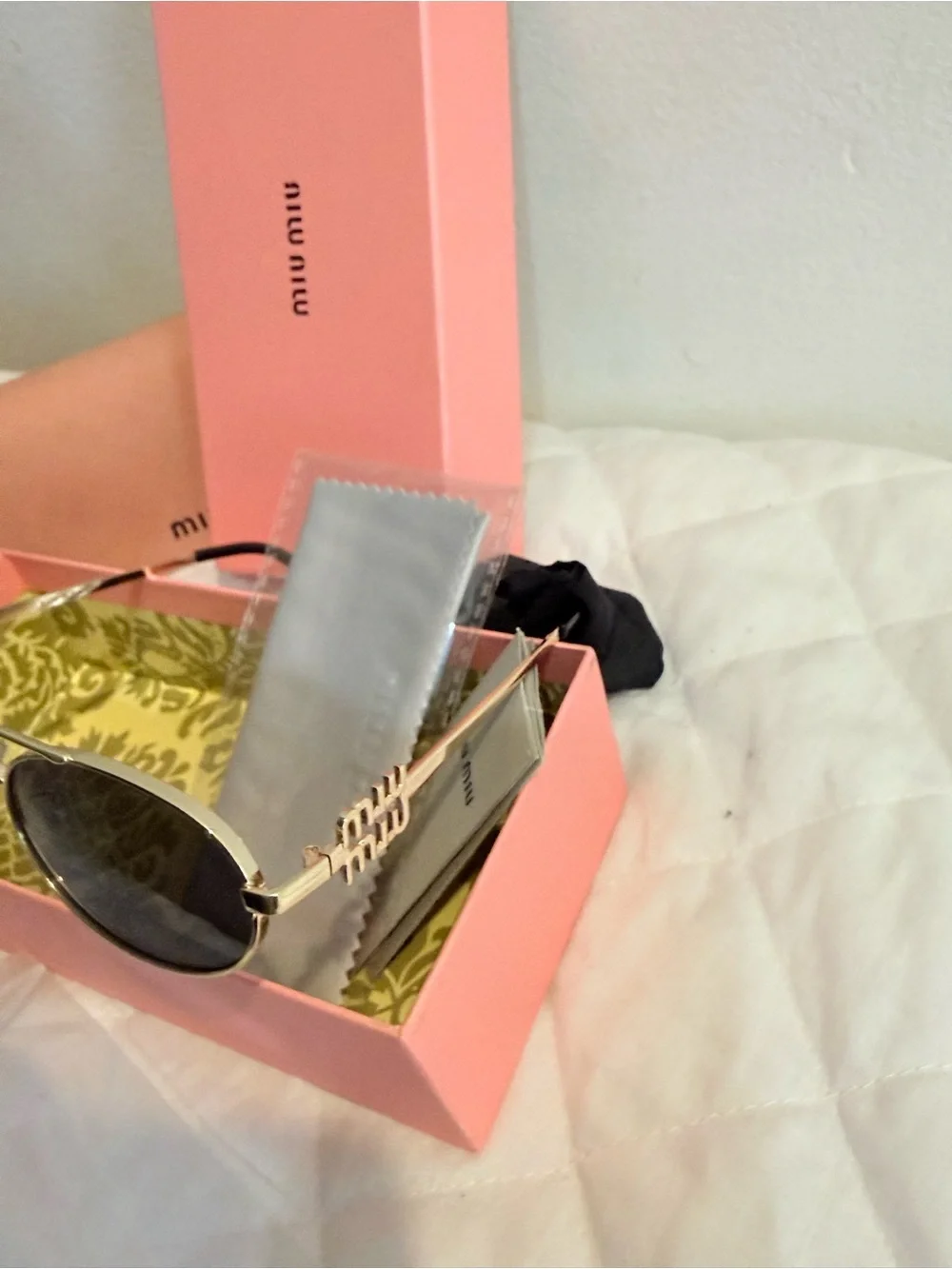 Miu Miu Gold Frame Black Lens Sunglasses with Pink Case